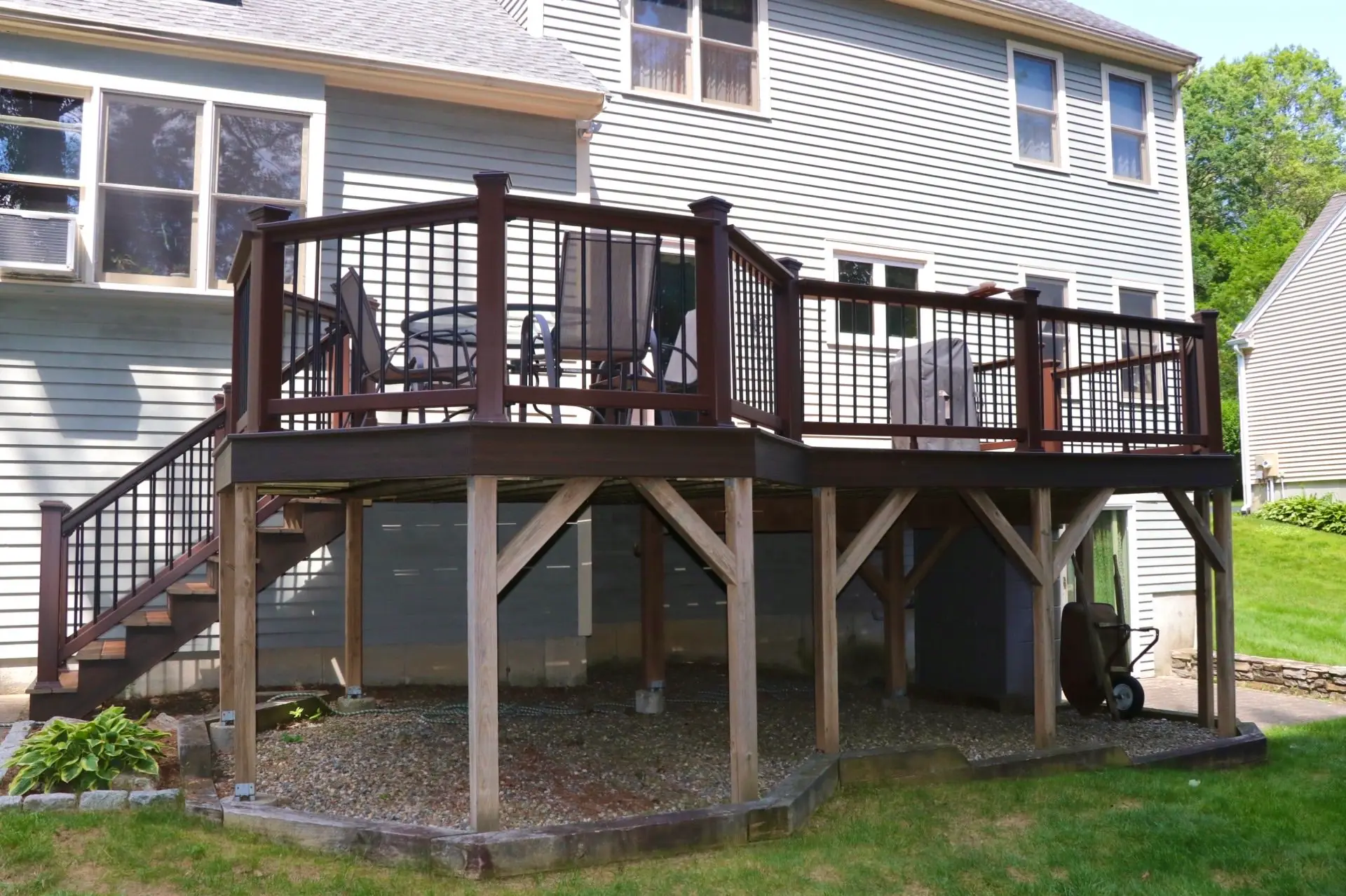 A deck built by Sustainable Decks, photographed on the job